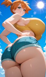 ai_generated alternate_breast_size ass bangs bare_arms bare_shoulders blue_shorts blue_sky blush breasts butt_crack clothing cloud crop_top curvaceous curvy day denim denim_shorts female female_only from_behind from_below gigantic_breasts green_eyes grin hands_on_own_hips huge_ass huge_breasts kasumi_(pokemon) large_ass large_breasts looking_at_viewer looking_back looking_down micro_shorts orange_hair outdoors pokemon ponytail shiny_skin short_hair short_shorts shorts side_ponytail sky smile solo standing sun sunlight tank_top thick_ass thick_thighs thighs underbutt undersized_clothes wide_hips yellow_tank_top