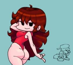 ass bare_legs boyfriend_(friday_night_funkin) brown_hair bubble_butt buttocks chibi fat_ass friday_night_funkin from_behind girlfriend_(friday_night_funkin) huge_ass large_ass legs leotard long_hair plump_ass red_leotard seductive_ass sexy_ass smile teen teen_girl teenage teenage_girl teenager