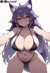 ai_generated big_breasts bikini breasts curvy cute dog_ears dog_girl doggirl evil_grin female female_focus highres hips huge_boobs huge_breasts kemonomimi light_skin light_skinned_female long_hair patreon_username petgirl petite purple_ears purple_eyes purple_hair purple_tail self_upload thick_thighs thighs tori toriwoofs watermark wavy_hair white_skin white_skinned_female wide_hips wolf_ears