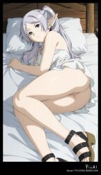 1girl, 4k 8k ai_generated ass bed, body, content dress explicit feets, female, frieren high legs, lying, masterpiece, mature mini nsfw, on outfit, perfect polished, quality, resolution, sandals, sexy side, solo, sousou_no_frieren summer thighs, toenails top, view,