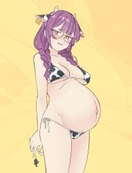 1girls big_belly bikini bloated_belly blush braid braided_hair braided_twintails braids clothed clothing cow_ears cow_horns cow_print cow_print_bikini cow_tail female female_only glasses lewdismug megane mole navel outie_navel pregnant pubic_hair purple_eyes purple_hair realda_(vibrantrida) rida_(vibrantrida) twintails