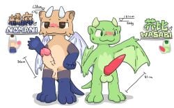 2_horns anthro big_penis blue_arms blue_feet blue_legs blue_tail blush claws dragon duo embarrassed european_mythology feet genitals glans green_arms green_body green_ears green_feet green_legs green_tail head_horn hi_res horn humanoid_genitalia humanoid_penis light_horn light_wings male male_only measuring measuring_penis monotone_horn multicolored_body multicolored_penis mythological_creature mythological_scalie mythology nomani_(nomani_int32) nomani_int32 penis pink_glans pink_penis plantigrade scalie smooth_horn tail tapering_penis two_tone_penis vein veiny_penis wasabi_(nomani_int32) western_dragon wing_claws wings wyvern yellow_body