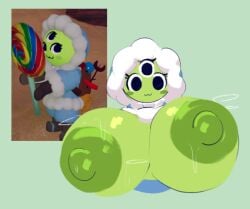 :3 alien alien_girl artist_name big_areola gigantic_breasts greaseyhair green_skin huge_breasts hyper_breasts peak_(videogame) reference_image scout_(peak) screencap screenshot source_request sweat sweaty_breasts tagme third_eye three_eyes