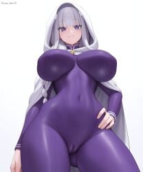 1girl artist_logo artist_name artist_request ass at background bangs below blunt bodysuit braid breasts cameltoe cape cloak closed clothes covered cowboy emilia_(re:zero) eyes flower from grey hair hand hip hood hooded impossible large long looking mouth navel on ornament own purple re:zero_kara_hajimeru_isekai_seikatsu shot simple skin smile solo thighs through tight up viewer visible white