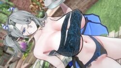 1girls 3d arias_the_labrynth_butler arms_up bandage black_nails blue_eyes breasts demon demon_girl demon_horns demon_tail demon_wings duel_monster female fringe hi_res high-angle_view huge_breasts koiking_(artist) light_skin looking_at_viewer model monocle navel painted_nails panties pointy_ears ponytail pose ribbon ribbons semi_nude side_view silver_hair solo standing tail wings younger_female yu-gi-oh!