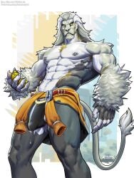 2026 abs amon-sydonai anthro banyue_(zenless_zone_zero) biped black_body black_fur bodily_fluids bulge claws clothed clothing detailed_bulge digital_media_(artwork) felid finger_claws fingerpads fluffy_arms fur genital_fluids grey_body grey_fur grey_hair hair hi_res lion male mammal mihoyo multicolored_body multicolored_fur multicolored_hair muscular muscular_anthro muscular_male nipples pantherine pawpads pecs precum precum_through_clothing solo tail tail_tuft topless topless_anthro topless_male tuft two_tone_hair wet wet_clothing white_body white_fur white_hair zenless_zone_zero