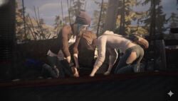 2girls 3d ai_assisted ai_generated beanie bent_over blue_hair brown_hair brunette butt_cheeks chloe_price edited_screencap female female_only google_gemini hole_in_pants human human_female human_only kneeling life_is_strange light-skinned_female light_skin max_caulfield multiple_girls no_panties official_style outdoors outside ripped_pants short_hair torn_clothes torn_clothing torn_pants wardrobe_malfunction