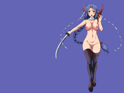 areolae black_legwear blue_background blue_hair braid breasts censored feet female funamushi_(funa) highres japanese_clothes kumacchi large_breasts legs long_hair looking_at_viewer mask navel nipples nude okobo pussy sandals simple_background solo standing sword thighs weapon