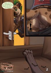 2026 absurd_res anthro anus artist_collaboration ass balls being_watched biped bottomwear bottomwear_down brown_body brown_fur claws clothed clothing comic digital_media_(artwork) door duo ear_piercing english_text fap_(sound_effect) fur gene_(kloogshicer) genitals green_eyes green_hair hair hi_res hyena industrial_piercing kloogshicer lizardlars looking_at_another male male_only mammal mohawk multicolored_body multicolored_fur pants pants_down partially_clothed perineum piercing pink_anus tan_balls tan_body tan_fur tan_perineum text thought_bubble toe_claws topwear undressing vest