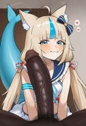 1boy 1boy1girl 1girls ai_generated before_oral before_sex blonde_hair blue_eyes blush bow by crop_top dark-skinned_male fish_girl fluffy_ears frills girthy_penis hair_ornament huge_cock imminent_oral indie_virtual_youtuber indoors interracial looking_at_viewer male/female male_pubic_hair pov pov_crotch room sameko_saba small_breasts smug tail testicles veiny_penis waroffree