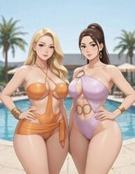 2girls ai_generated asymmetrical_clothes bangle bikini_strap blonde_hair blurred_background blurry_background bracelet brown_hair earrings elegant fancy_clothing grok hand_on_hip inner_sideboob looking_at_viewer medium_breasts monokini palm_tree poolside rgomez007 sarong stable_diffusion swimsuit thick_thighs tied_clothing underboob wide_hips