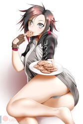 1girl artist_name ass bare_legs barefoot black_hair breasts clothing cookie eating female fingerless_gloves food giving gloves gradient_hair grey_eyes grey_panties grey_shirt grey_skirt hair_between_eyes holding holding_food holding_plate hood jacket kimmy77 looking_at_viewer lying multicolored_hair on_side open_clothes open_jacket panties pantyshot patreon_logo patreon_username plate red_hair ruby_rose rwby shirt short_hair simple_background skirt smile solo thighs two-tone_hair underwear white_background white_panties