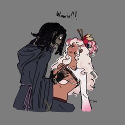 1boy 1boy1girl 1girls asian asian_female average_breasts black black_hair black_male black_nail_polish black_nails blue_eyes bra bra_down brown_nipples cookie_run cookie_run_kingdom cookie_run_ovenbreak digital_drawing_(artwork) digital_media_(artwork) dreadlocks female grey_skin groping groping_breasts hair_ornament human licorice_cookie lipstick locs looking_at_another loser make_up makeup parfait_cookie pathetic_male pink_lipstick red_nail_polish red_nails shirt_lift shirt_pull shirt_up smile smiling straight tan_body tan_skin text tongue_out touching_breast wavy_hair white_bra white_hair