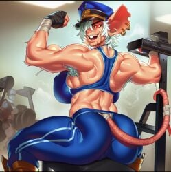 1girls 2d ai_generated animal_ears armpit_hair armpits ass bandages biceps big_ass big_breasts big_butt black_gloves blue_sports_bra breasts choker ear_piercing earrings exercise fangs femaly_only fingerless_gloves flexing flexing_bicep gloves glowing_eyes gym hair_over_one_eye hairy_armpits hand_wraps hat huge_breasts jewelry large_ass large_breasts large_butt large_thighs looking_at_viewer looking_back muscles muscular muscular_female onilapper open_mouth original original_character pants piercing red_eyes short_hair smile solo solo_female solo_focus sports_bra sweat sweatdrop tail thick_ass thick_butt thick_thighs thighs white_hair yoga_pants