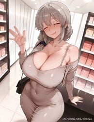 ai_generated bag bare_shoulders blush bodycon breasts cleavage closed_eyes covered_navel curvaceous curvaceous_body curvy curvy_body curvy_female dress female hair_over_shoulder huge_breasts long_hair mature scinna scrunchie self_upload smile solo stable_diffusion tongue tongue_out uzaki-chan_wa_asobitai! uzaki_tsuki voluptuous voluptuous_body voluptuous_female