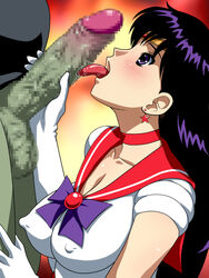 1girls bishoujo_senshi_sailor_moon black_hair censored clothing erect_nipples erect_nipples_under_clothes erection female large_breasts licking_penis oral oral_sex penis plan16 rei_hino sailor_mars scrotum tagme tongue tongue_kiss tongue_out