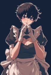 1girls absurd_res apron black_background black_hair blue_eyes blush breasts cleavage dress fingers_together frilled_apron frills gloves highres lee_mi-young_(spoiledmuffin) maid maid_apron maid_uniform original short_hair simple_background solo spoiledmuffin tomboy tongue tongue_out very_short_hair waist_apron white_apron white_gloves wholesome