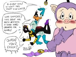 alien alien_humanoid anatid angry anseriform anthro ass avian being_watched bird bodily_fluids butt_slap circe_(artist) disney domestic_pig donald_duck duck duck_dodgers embarrassed female group hi_res humanoid looking_at_another looney_tunes male mammal pig porky_pig punished punishment queen_tyr'ahnee reddened_butt screaming slap spank_marks spank_marks_on_ass spanked_butt spanking suid suine sus_(pig) tears trio warner_brothers