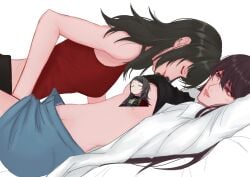 2girls absurdres arms_up bang_dream! bang_dream!_it's_mygo!!!!! bare_arms black_hair black_shirt blue_skirt breasts brown_hair censored censored_nipples character_censor closed_eyes clothes_lift commentary female_torso fingering hashtag-only_commentary highres long_hair medium_breasts multiple_girls novelty_censor parted_lips purple_eyes red_tank_top shiina_taki shirt shirt_lift simple_background skirt smile tank_top vulva_handjob white_background yahata_umiri yuen_du yuri