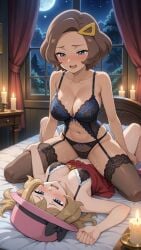 age_difference ai_generated bed bedroom bedroom_eyes blonde_hair blue_eyes blush bra brown_hair candles cumming daughter forest_background grace_(pokemon) hairclip half-lidded_eyes hand_on_thigh hat incest lingerie mother mother_and_daughter night older_female_and_younger_female panties panting partially_undressed pink_hat pokemon pokemon_(anime) pokemon_xy post-orgasm red_skirt ribbon serena_(pokemon) skirt_pulled_up skirt_up stockings stockings_thigh_highs straddling teenager vaginal_fluids yuri