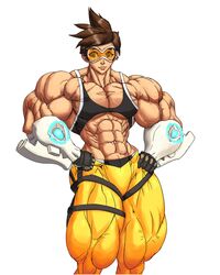 1girls abs bare_shoulders biceps big_muscles brown_hair extreme_muscles female female_only gloves higalack looking_at_viewer muscles muscular_female navel overwatch pecs solo thick_thighs tracer