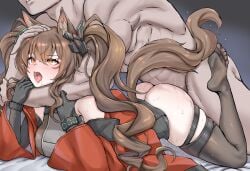 1boy absurdres angelina_(arknights) animal_ears arknights arknights:_endfield arm_around_neck bare_shoulders black_dress black_gloves black_thighhighs blush brown_eyes brown_hair clothed_female_nude_male commentary_request daram_(shappydude) dress female fox_ears fox_girl fox_tail gilberta_(arknights) gloves hair_between_eyes hand_on_another's_arm hand_on_another's_head highres jacket muscular muscular_male no_shoes nude prone_bone pussy_juice red_jacket rough_sex saliva sex sleeveless sleeveless_dress straight strangling tail thighhighs twintails