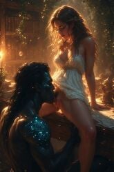 ai_generated alien black_body dripping_pussy eating_pussy glasses glasses_on_face legs_apart legs_spread licking_pussy male/female monster monster_boy weeping_nightshade