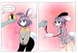 2_panel_comic anonymous_character anthro areola bent_over big_breasts bodily_fluids bondage bound breasts candy_(peonybunny) clothed clothing collar comic dialogue drooling duo ears_down english_text erect_nipples female gag gagged garter_belt garter_straps gift halter hands_tied harness harness_gag harness_ring_gag holding_leash holding_object lagomorph leash leashed_collar leggings legwear leporid looking_at_another mammal mostly_nude nipple_clamp nipple_piercing nipple_ring nipples peonybunny piercing pink_areola pink_nipples pivoted_ears rabbit ring_gag ring_piercing saliva speech_bubble stockings sweater tears text thick_thighs thigh_highs topwear wearing_collar