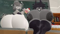 2girls big_breasts big_nipples cake dark-skinned_female dra111_(artist) dragon316 fat_ass fundamental_paper_education inviting_to_sex lana_(fundamental_paper_education) looking_at_viewer miss_emily_(fundamental_paper_education) school_desk source_filmmaker thick_thighs