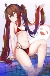 1girls 2d 2d_(artwork) alternate_costume artist_request bikini bikini_bottom bikini_top black_bikini black_nails boo_tao_(genshin_impact) brown_hair female female_focus female_only flower-shaped_pupils front_view genshin_impact ghost high_resolution highres hoyoverse hu_tao_(genshin_impact) light-skinned_female light_skin long_hair long_pigtails looking_at_viewer mihoyo petite petite_body petite_female pigtails pool poolside red_and_black_bikini red_bikini simple_background slim_girl small_breasts smiling smiling_at_viewer swimsuit thong thong_bikini two_piece_swimsuit water white_background young younger_female