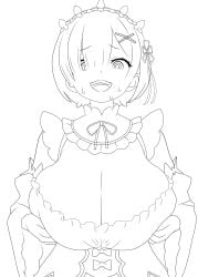 big_breasts crazy_eyes crazy_smile holding_breast huge_breasts line_art maid maid_outfit proximal_sketch rem_(re:zero) short_hair sketch sweaty yandere