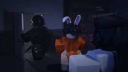 1girls 2boys 3d bulge clothed clothing cometrr34 d-class dark-skinned_female dialogue english_text everytoo hung_trap light-skinned_male prisoner roblox robloxian scp_foundation source_request tagme text thighs