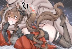 !? 1boy absurdres angelina_(arknights) animal_ears arknights arknights:_endfield arm_around_neck bare_shoulders black_dress black_gloves black_thighhighs blush brown_eyes brown_hair clenched_teeth clothed_female_nude_male commentary_request cum cum_in_pussy daram_(shappydude) dress female fox_ears fox_girl fox_tail gilberta_(arknights) gloves hair_between_eyes hand_on_another's_arm hand_on_another's_head highres jacket muscular muscular_male no_shoes nude prone_bone pussy_juice red_jacket rough_sex saliva sex sleeveless sleeveless_dress straight strangling tail teeth thighhighs twintails