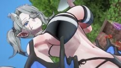 1girls 3d arias_the_labrynth_butler bikini blue_eyes closed_mouth demon demon_girl demon_horns duel_monster female fringe hi_res huge_breasts koiking_(artist) large_breasts light_skin looking_at_another low-angle_view model monocle navel pointy_ears ponytail pose rear_view semi_nude silver_hair solo standing underwear younger_female yu-gi-oh!