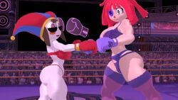 2girls 3d 3d_(artwork) arena ass big_ass big_breasts big_butt blockyobjectawesomer boxing boxing_gloves boxing_ring bra breasts brown_hair cleavage female_focus female_only fighting_ring garter_belt garter_straps glitch_productions height_difference huge_breasts imminent_catfight imminent_fight jester jester_girl jester_hat kabalmystic_(style) large_breasts lingerie panties pomni_(the_amazing_digital_circus) purple_boxing_gloves purple_gloves ragatha_(the_amazing_digital_circus) red_boxing_gloves red_gloves red_hair short_hair size_difference tapping_gloves the_amazing_digital_circus thick thick_ass thick_thighs thighs thong wide_hips
