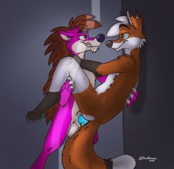 against_surface against_wall anal anal_sex anthro balls bodily_fluids canid canine coolskeltal95 cum cum_drip cum_inside digital_media_(artwork) dipstick_tail dripping duo eulipotyphlan eye_contact falcy_hedgehog fox fur genital_fluids genitals gloves_(marking) green_eyes hedgehog hi_res invalid_background leg_markings lifting_partner looking_at_another looking_pleasured male male/male mammal markings orange_body orange_fur penetration penis pink_body pink_fur ruka_fawkes sex simple smile smirk socks_(marking) standing standing_sex tail tail_markings teeth