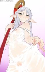 :/ breasts clothes_tug covered_nipples covered_pussy dress elf female frieren green_eyes grey_hair highres looking_down mage_staff pointy_ears pudgeruffian see-through_clothes small_breasts solo sousou_no_frieren staff twintails wet wet_clothes white_dress