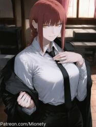 ai_generated artist_name black_coat black_jacket black_necktie black_pants black_suit blurry braid braided_ponytail breasts business_suit chainsaw_man closed_mouth coat collared_shirt cowboy_shot dress_shirt english_text female formal hand_on_own_chest high-waist_pants holding_coat indoors jacket large_breasts long_hair long_sleeves looking_at_viewer makima_(chainsaw_man) medium_breasts medium_hair meme mionety necktie off_shoulder office_lady open_clothes orange_eyes pants patreon_username red_hair ringed_eyes shirt shirt_tucked_in sidelocks single_braid smile solo standing suit sunlight timestamp twitter_username undressing upper_body white_shirt window wing_collar yellow_eyes