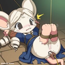 anal anal_sex arms_tied blue_clothing bodily_fluids bound buckteeth censored chibi clothed clothing dress elizarath_(ratopia) female genital_fluids genitals hair hi_res konzaburou legs_tied lying mammal murid murine penetration rat ratopia rodent rope semi-anthro solo spiral_hair sweat tears teeth torture vaginal_fluids vulva wavy_mouth white_body white_hair