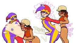 angie_(mii) ass blush butt_focus buttplug clown cum cum_through_clothes dark-skinned_female handholding hugh_morris jester jester_hat looking_back looking_pleasured lovetopullmicke multicolored_hair pegging pegging_male ripped_clothing sketch strap-on tomodachi_life tomodachi_life:_living_the_dream