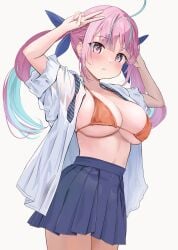 absurdres ahoge aqua_hair arm_up blue_ribbon blue_sky blunt_bangs bra braid breasts cleavage colored_inner_hair commentary_request cowboy_shot drill_hair female hair_ribbon heart highres hololive large_breasts long_hair looking_at_viewer minato_aqua miniskirt mochiki_927 multicolored_hair necktie open_clothes open_shirt orange_bra parted_lips pink_hair pleated_skirt purple_eyes ribbon school see-through_clothes see-through_shirt shirt simple_background skirt sky sleeves_rolled_up solo streaked_hair twin_drills two-tone_hair underwear undone_necktie v virtual_youtuber white_background white_shirt