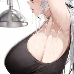 after_oral after_sex ai_generated arm_up armpits arms_up black_hair black_tank_top blur blush breast_focus choker cmiurai cum cum_in_mouth cum_on_body dripping female from_side genshin_impact grey_hair head_out_of_frame huge_breasts large_breasts long_hair multicolored_hair open_mouth saliva sideboob simple_background solo sweat tank_top tongue tongue_out upper_body white_background white_hair