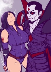 1boy 1girls big_breasts blood bodysuit breasts fainted helpless heroine heroine_in_trouble highres leotard long_hair marvel marvel_comics mister_sinister nathaniel_essex psylocke purple_hair sanmandrill sole_female thick_thighs unconscious unzipped unzipped_bodysuit x-men