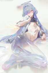 barefoot censored chromatic_aberration closed_mouth commentary_request earrings feet female grey_hair hair_ornament hair_over_one_eye half-closed_eye halo hand_up heavy_chromatic_aberration highres id_card jacket jewelry long_hair looking_at_viewer lying misaka_12003-gou mornye_(wuthering_waves) mosaic_censoring navel nipples on_side paid_reward_available partial_commentary pussy red_eyes revision see-through_body solo stomach thighs toes triangle_earrings white_jacket wuthering_waves