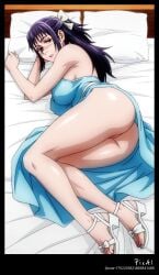 1girl, 4k 8k ai_generated anime anime, ass bangs, bed, body body, bow, brown content, dress explicit eyes, face feet, female, full hair hair, half high jujutsu jujutsu_kaisen kaisen legs, long lying, masterpiece, mature nsfw, on outfit, perfect polished, purple quality, resolution, sandals, scar screencap, sexy side, sidelocks, solo, style, summer thighs, toenails top, updo, utahime, utahime_iori view, white wispy