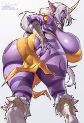 ass bandage gutsumi horn huge_ass huge_breasts league_of_legends purple_skin soraka tattoos white_hair yellow_dress yellow_eyes