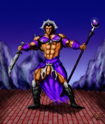 abs armor boots clothes color day evil-lyn flaccid footwear front_view holding holding_staff holding_sword looking_at_viewer male male_only masters_of_the_universe muscles open_eyes outdoors overhand_grip penis purple_eyes rule_63 solo staff standing sword tongue underhand_grip weapon