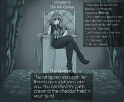 aliciaxlife belt dialogue_box dialogue_options dominant english_text fully_clothed greyscale leaning_on_arm legs_crossed long_hair looking_at_viewer necktie necktie_between_breasts not_porn queen rat_ears rat_girl rat_tail sitting sitting_on_throne sketchventures slay_the_princess smile spelling_error style_imitation tagme the_broken the_contrarian the_narrator_(slay_the_princess) the_paranoid throne vtuber