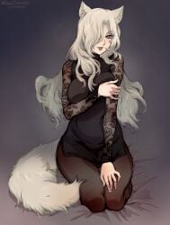 1girls animal_ears beauty_mark black_dress black_stockings fabienne_vulpes fox_ears fox_tail hair_over_one_eye holding_arm metaphor:_refantazio milf minacream pressing_breasts solo tagme tail white_fur white_hair yellow_eyes