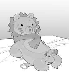 07th_expansion absurd_res animate_inanimate anthro balls blush bodily_fluids erection felid foreskin genitals greyscale hi_res humanoid_genitalia humanoid_penis lion living_plushie lying male mammal masshiro medallion monochrome on_back open_mouth pantherine partially_retracted_foreskin penis plushie sakutaro_(umineko) scarf solo sweat sweatdrop umineko_when_they_cry when_they_cry